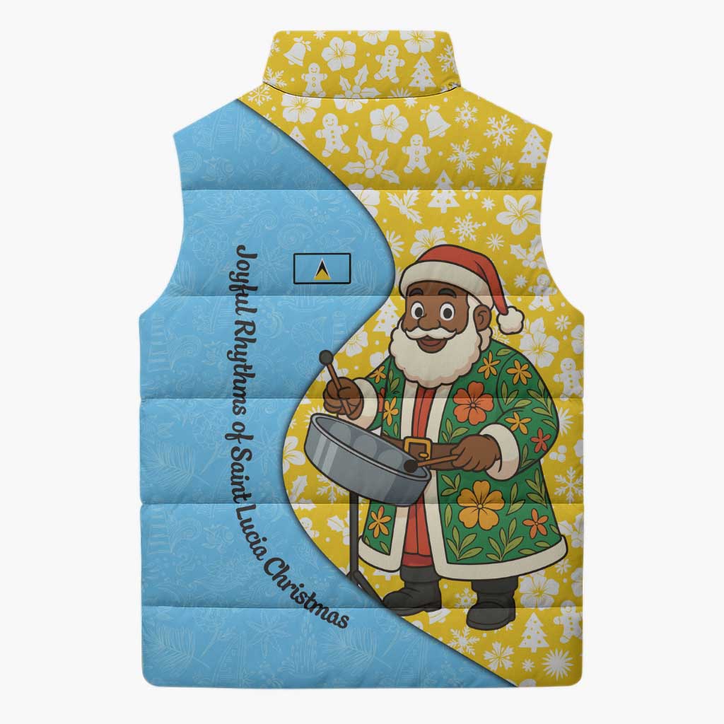 Saint Lucia Christmas Sleeveless Puffer Jacket with Steelpan Santa Floral Pattern and Flag - Wonder Print Shop