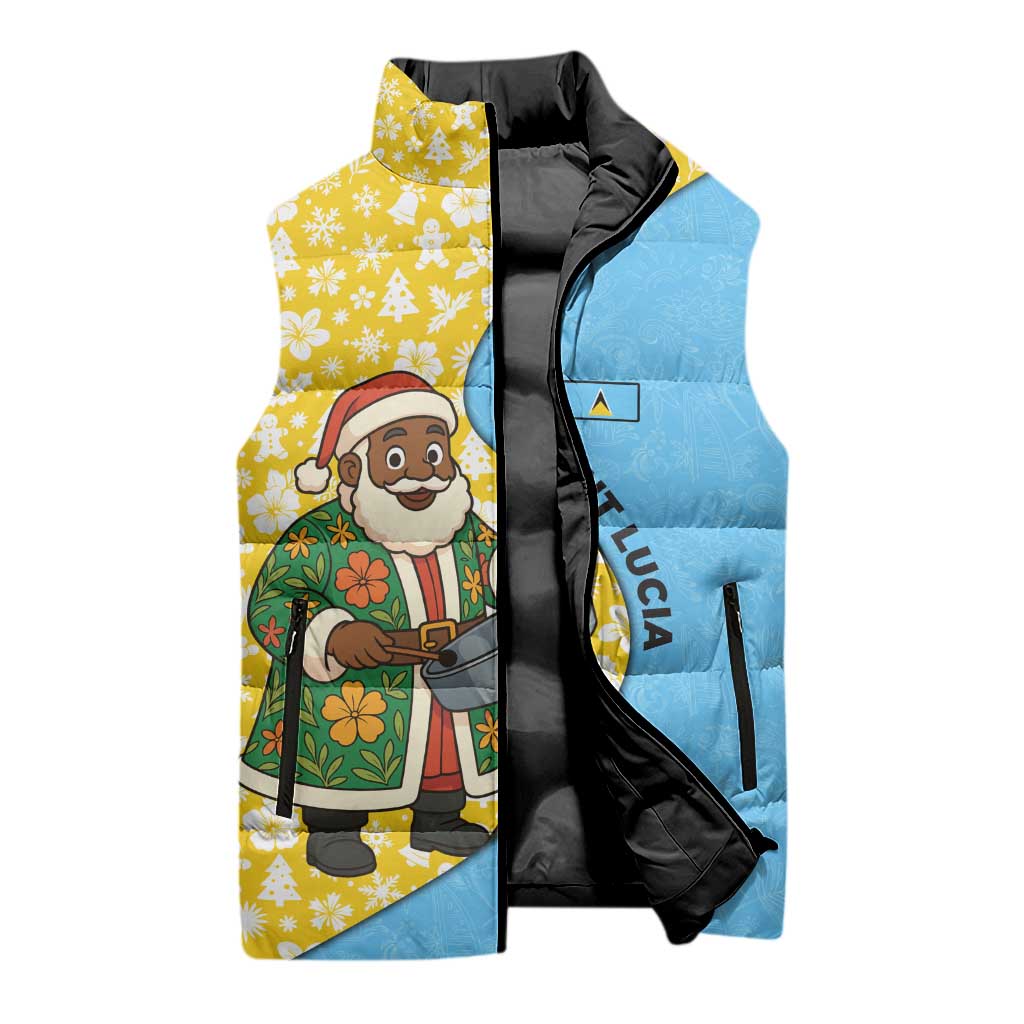 Saint Lucia Christmas Sleeveless Puffer Jacket with Steelpan Santa Floral Pattern and Flag - Wonder Print Shop