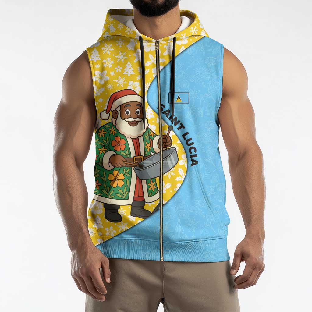 Saint Lucia Christmas Sleeveless Zip Hoodie with Steelpan Santa Floral Pattern and Flag - Wonder Print Shop
