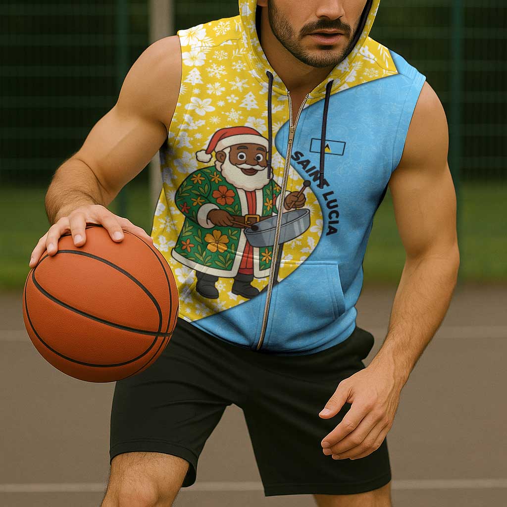 Saint Lucia Christmas Sleeveless Zip Hoodie with Steelpan Santa Floral Pattern and Flag - Wonder Print Shop