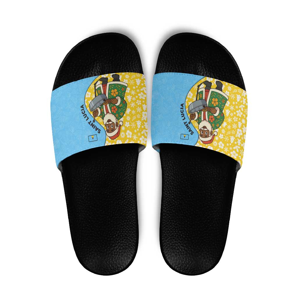 Saint Lucia Christmas Slide Sandals with Steelpan Santa Floral Pattern and Flag - Wonder Print Shop