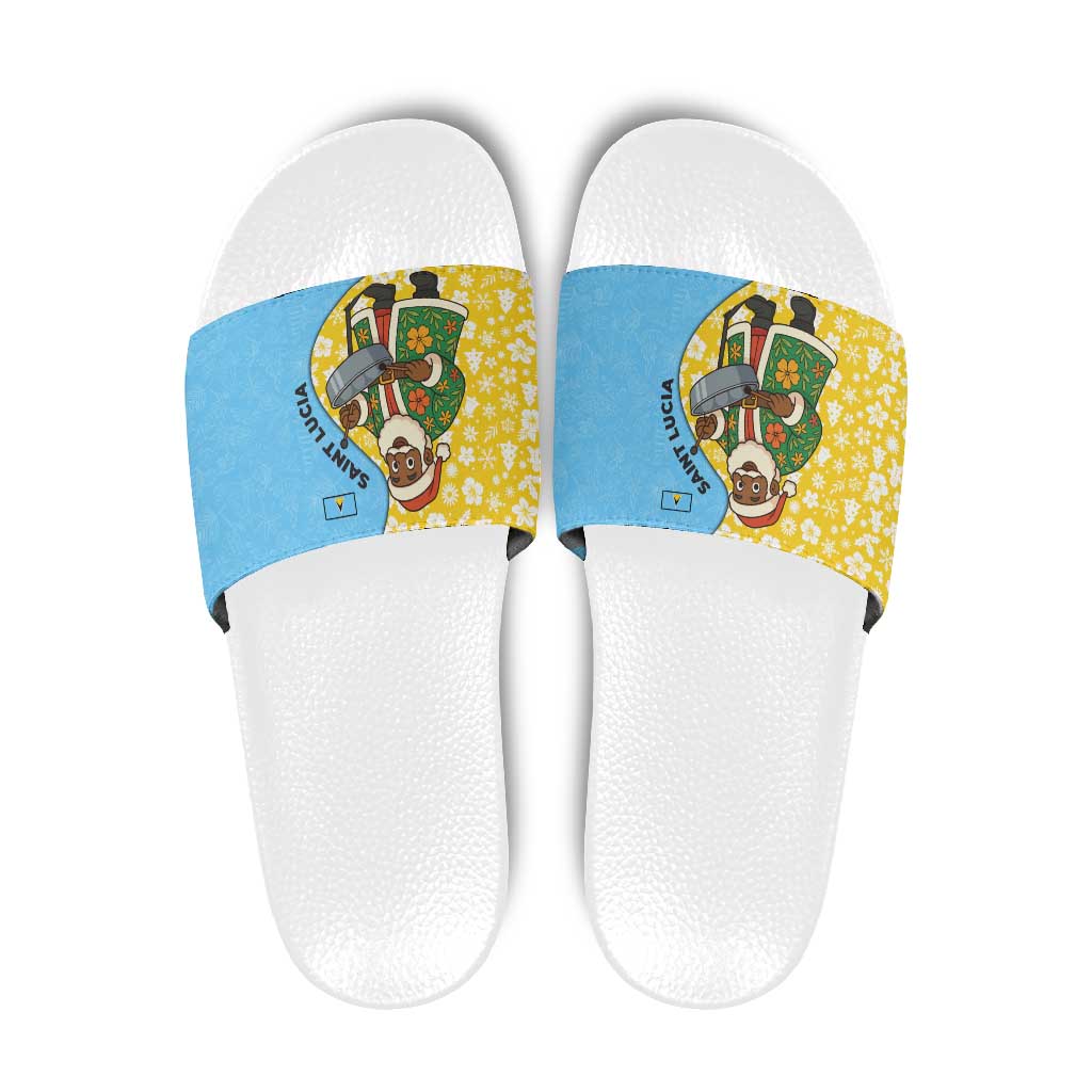 Saint Lucia Christmas Slide Sandals with Steelpan Santa Floral Pattern and Flag - Wonder Print Shop