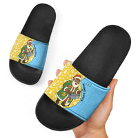Saint Lucia Christmas Slide Sandals with Steelpan Santa Floral Pattern and Flag - Wonder Print Shop