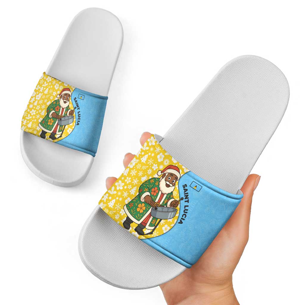 Saint Lucia Christmas Slide Sandals with Steelpan Santa Floral Pattern and Flag - Wonder Print Shop