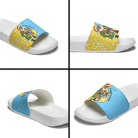Saint Lucia Christmas Slide Sandals with Steelpan Santa Floral Pattern and Flag - Wonder Print Shop