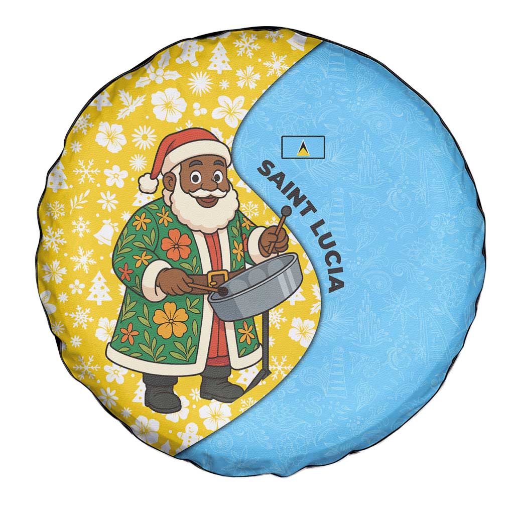 Saint Lucia Christmas Spare Tire Cover with Steelpan Santa Floral Pattern and Flag - Wonder Print Shop
