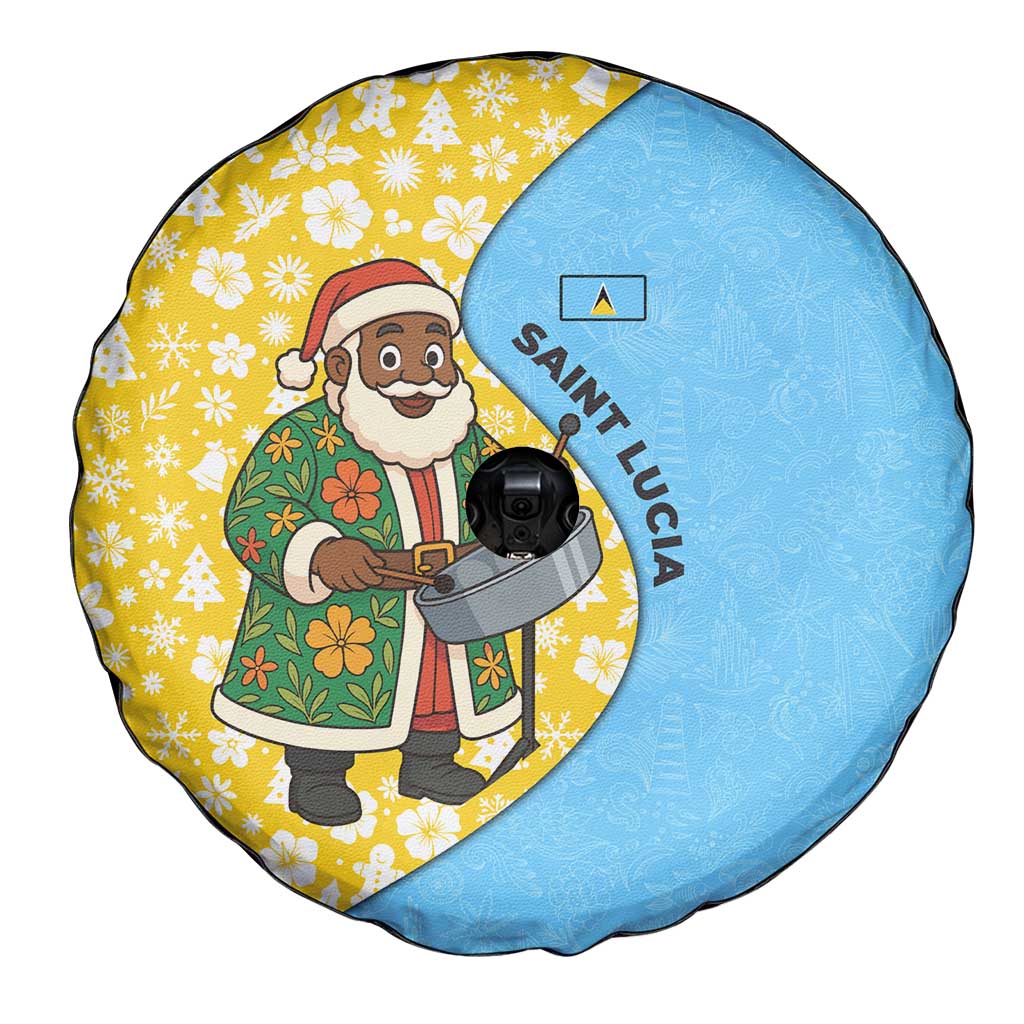 Saint Lucia Christmas Spare Tire Cover with Steelpan Santa Floral Pattern and Flag - Wonder Print Shop
