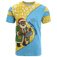 Saint Lucia Christmas T Shirt with Steelpan Santa Floral Pattern and Flag - Wonder Print Shop