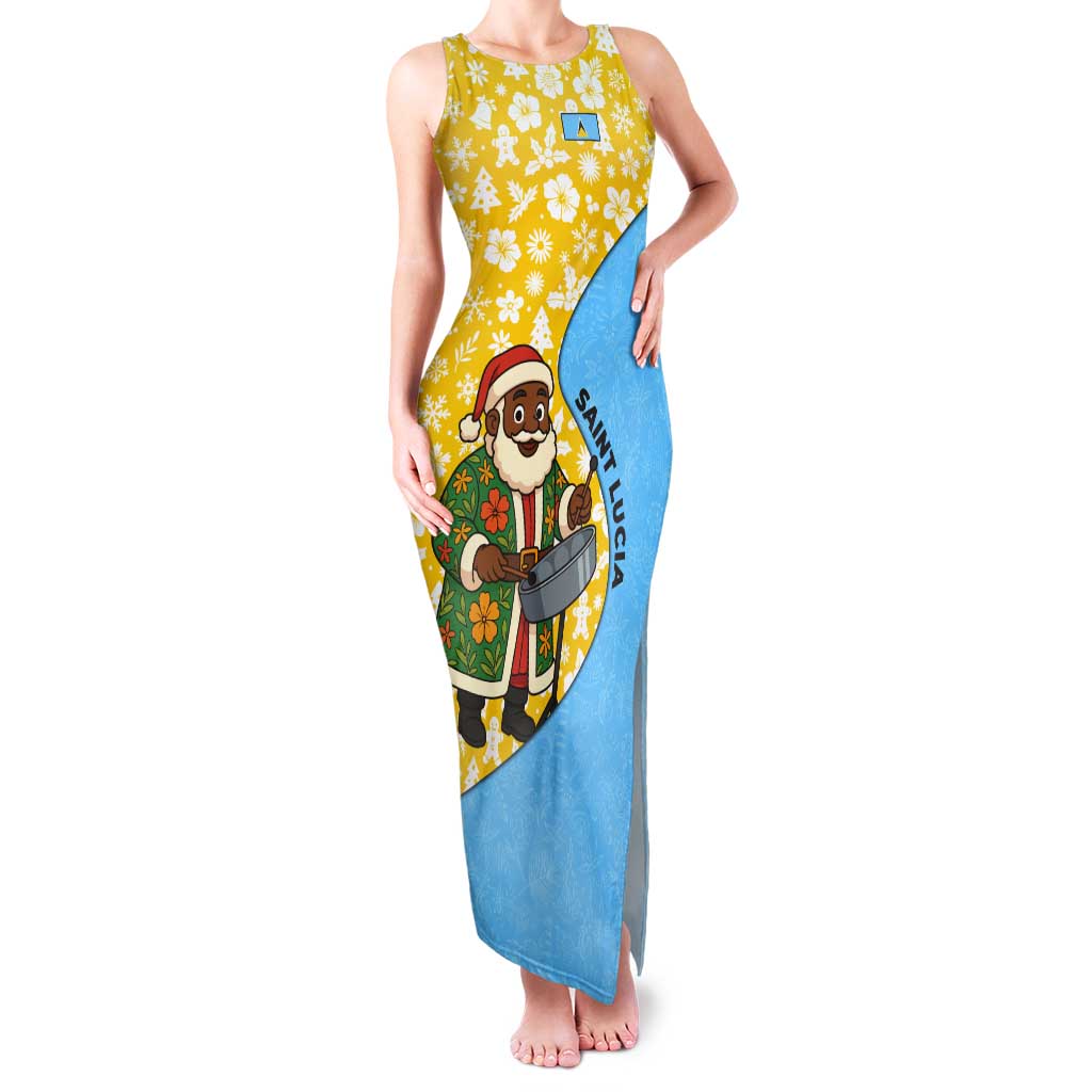 Saint Lucia Christmas Tank Maxi Dress with Steelpan Santa Floral Pattern and Flag - Wonder Print Shop