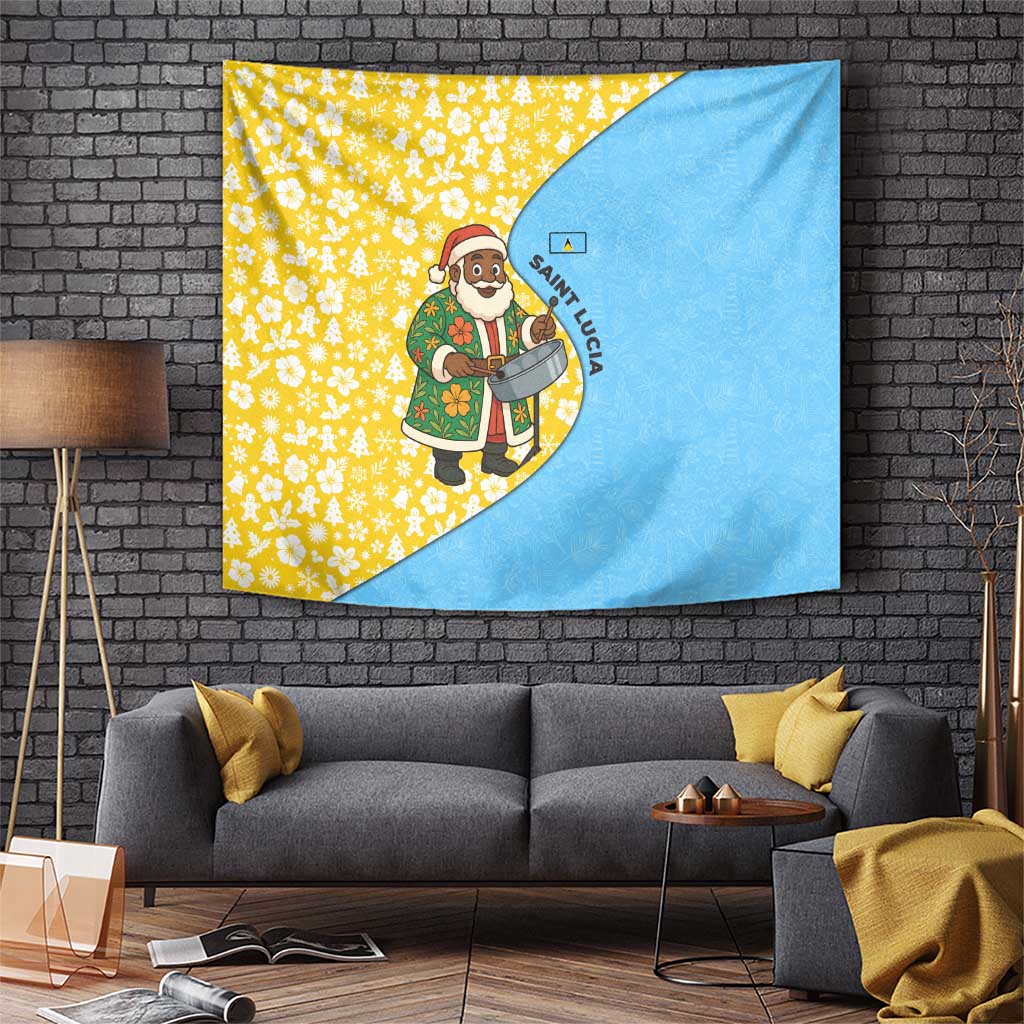 Saint Lucia Christmas Tapestry with Steelpan Santa Floral Pattern and Flag - Wonder Print Shop