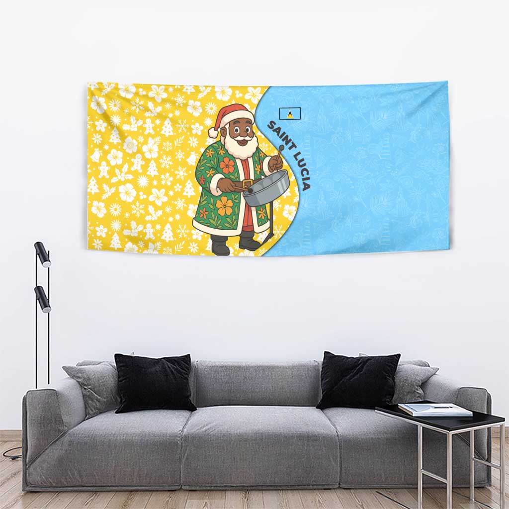 Saint Lucia Christmas Tapestry with Steelpan Santa Floral Pattern and Flag - Wonder Print Shop