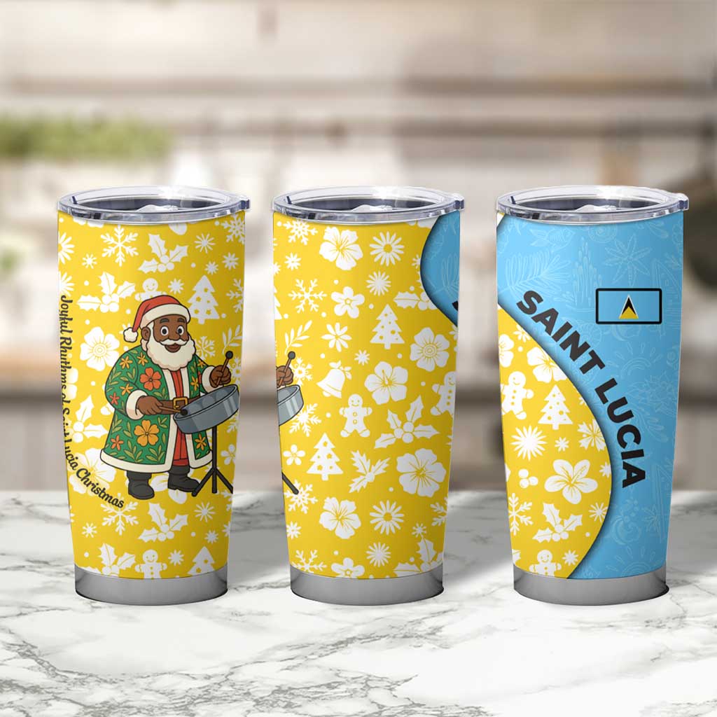Saint Lucia Christmas Tumbler Cup with Steelpan Santa Floral Pattern and Flag - Wonder Print Shop