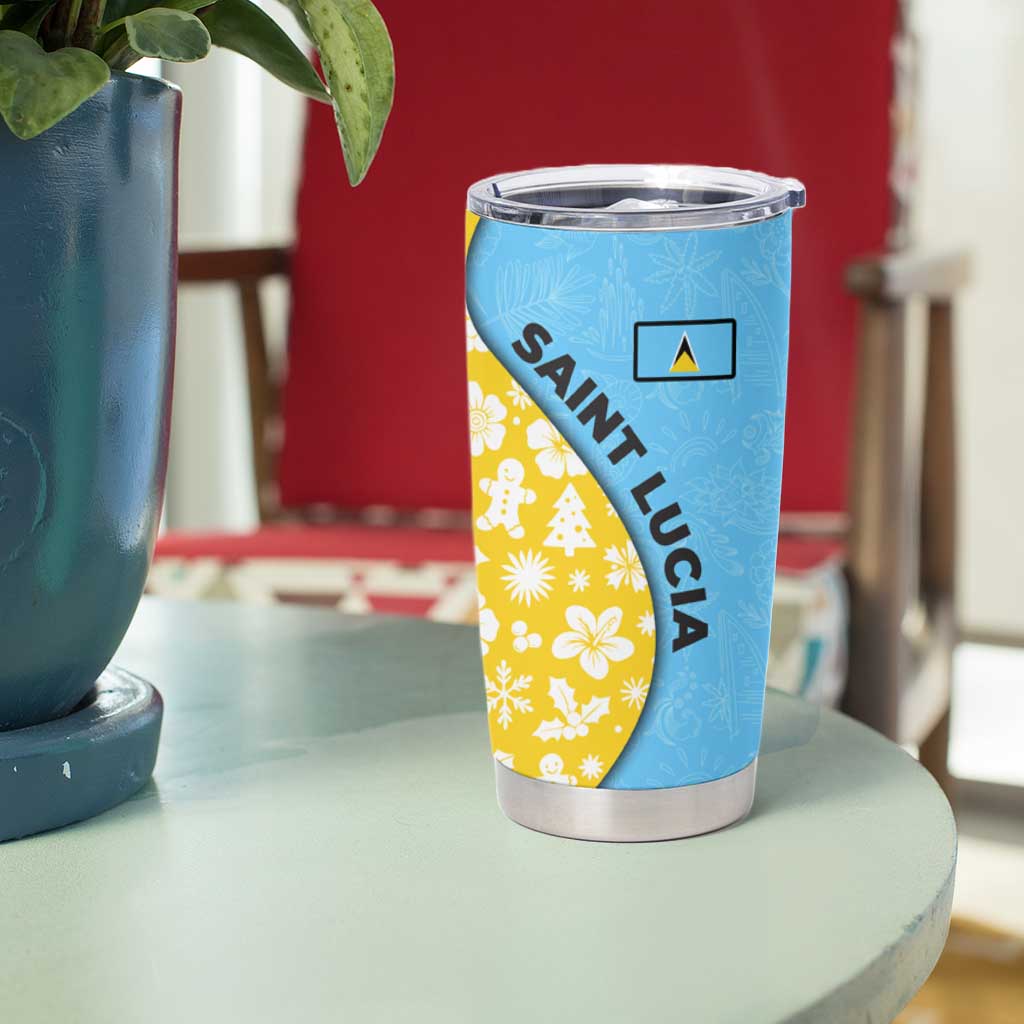 Saint Lucia Christmas Tumbler Cup with Steelpan Santa Floral Pattern and Flag - Wonder Print Shop