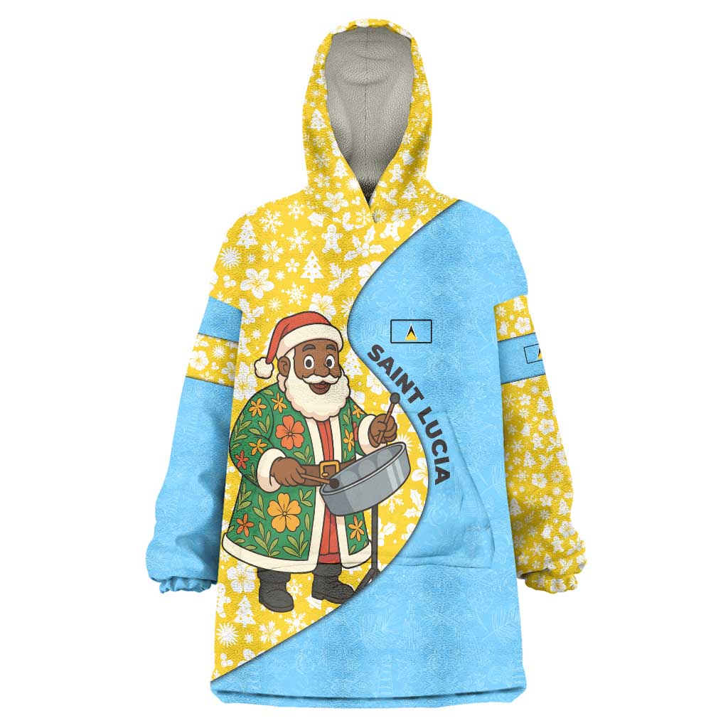 Saint Lucia Christmas Wearable Blanket Hoodie with Steelpan Santa Floral Pattern and Flag - Wonder Print Shop