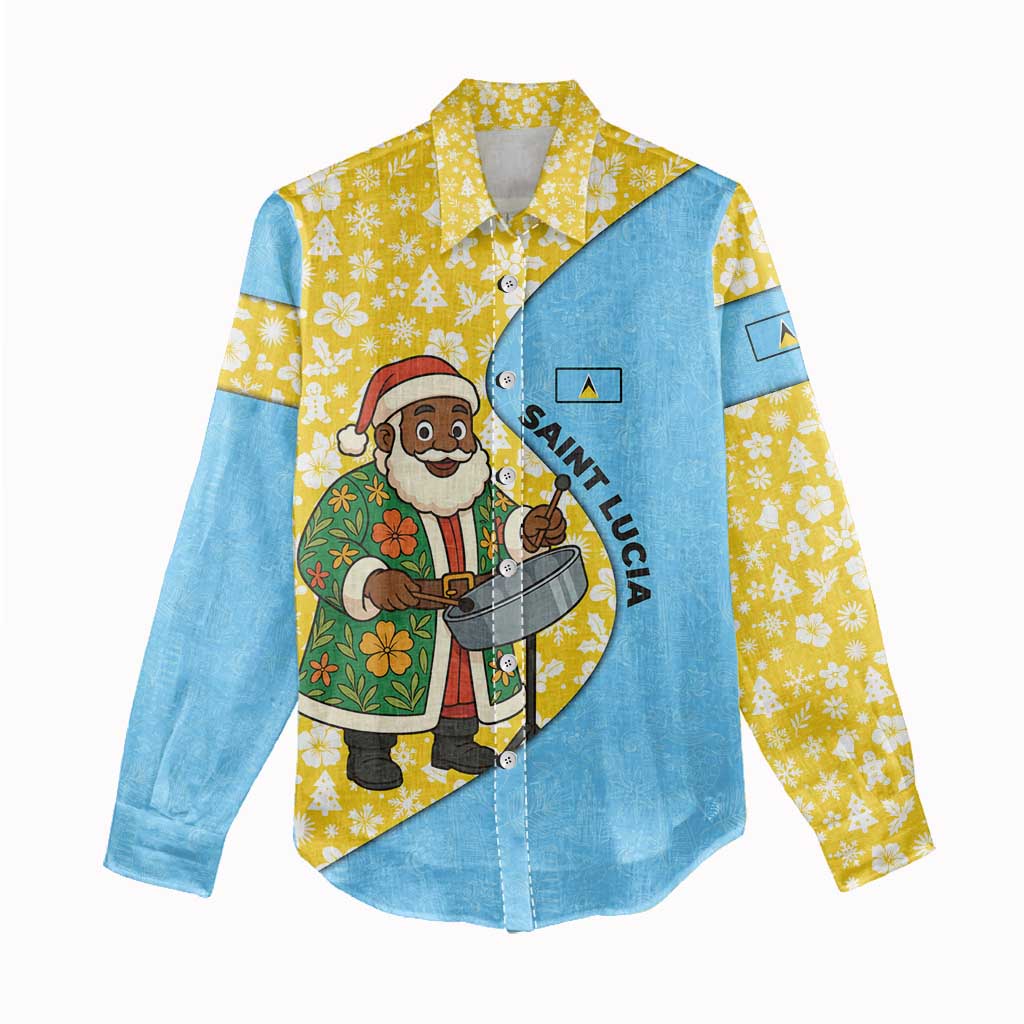 Saint Lucia Christmas Women Casual Shirt with Steelpan Santa Floral Pattern and Flag - Wonder Print Shop