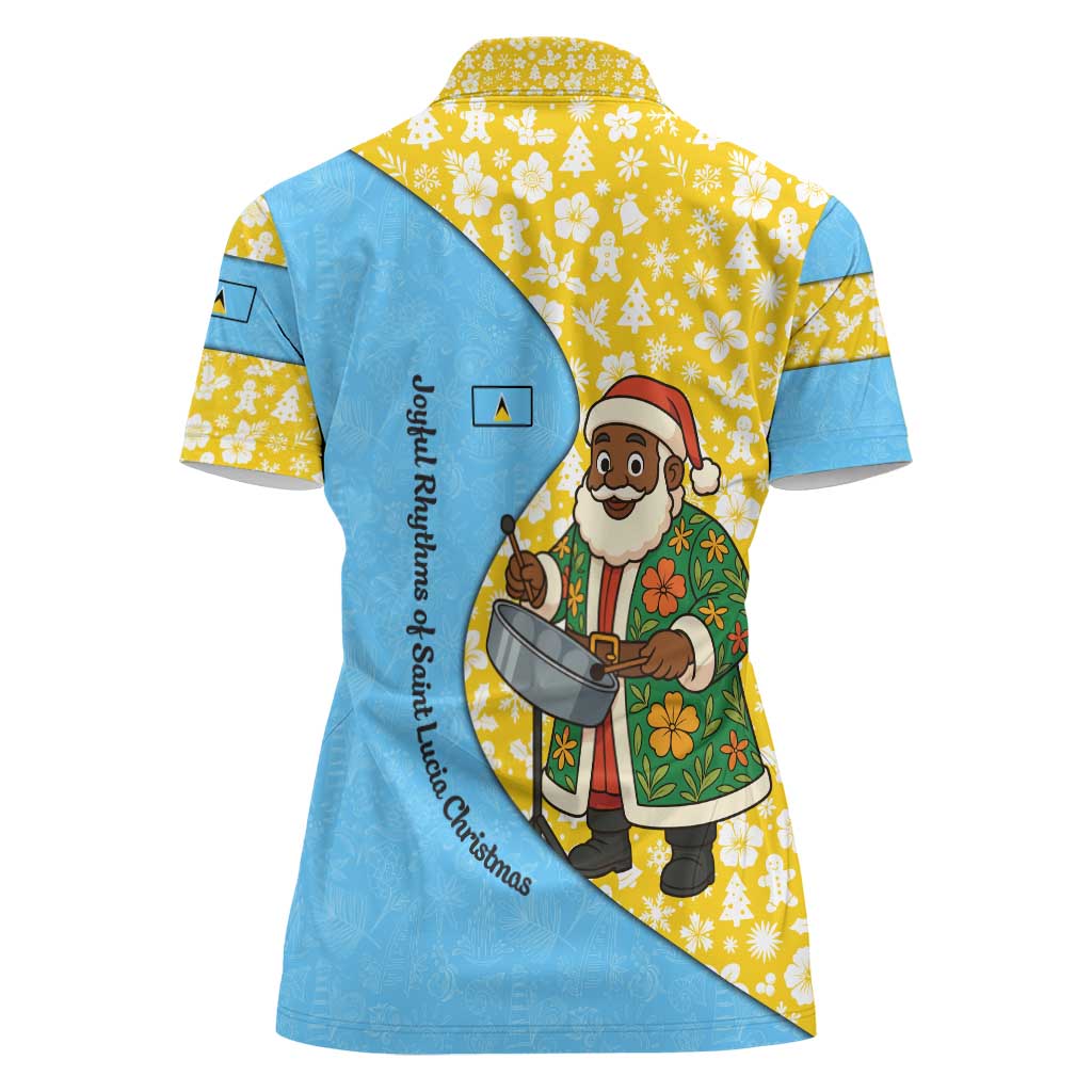 Saint Lucia Christmas Women Polo Shirt with Steelpan Santa Floral Pattern and Flag - Wonder Print Shop