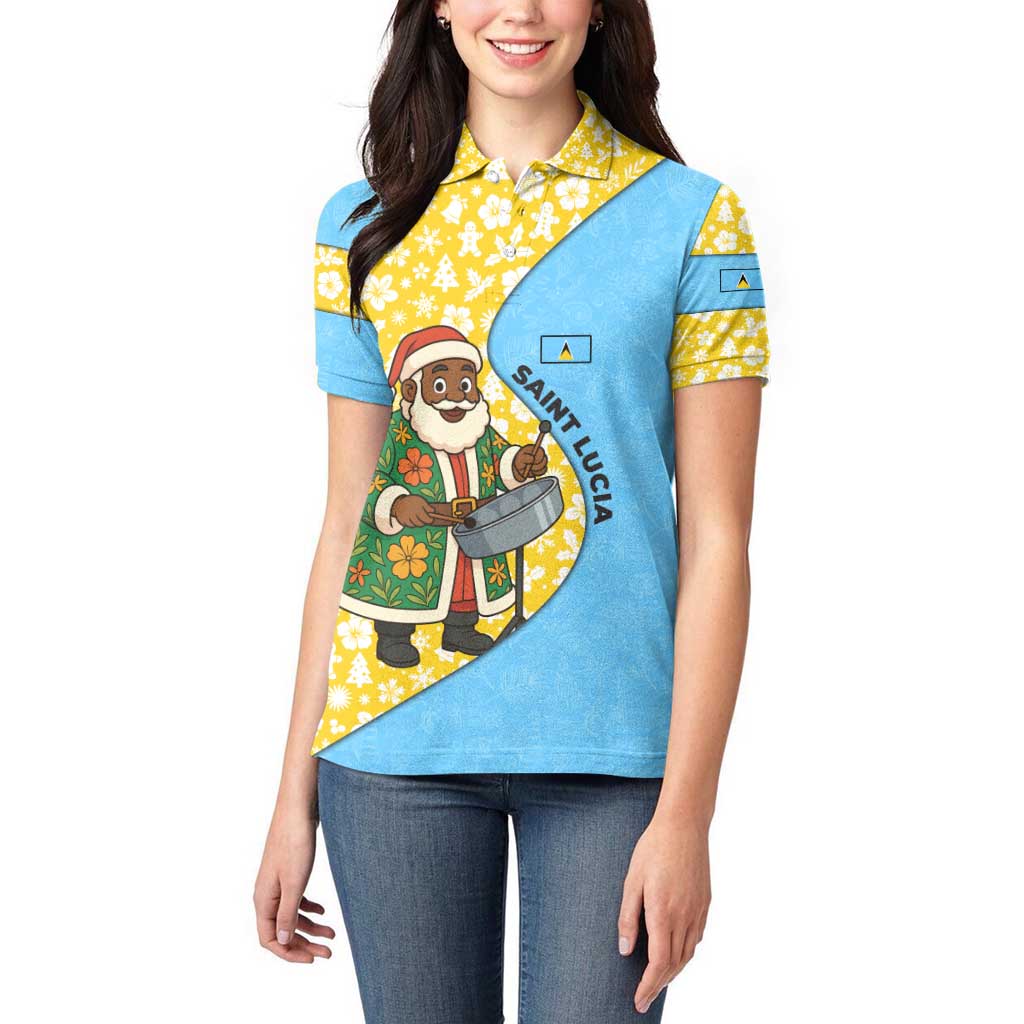 Saint Lucia Christmas Women Polo Shirt with Steelpan Santa Floral Pattern and Flag - Wonder Print Shop