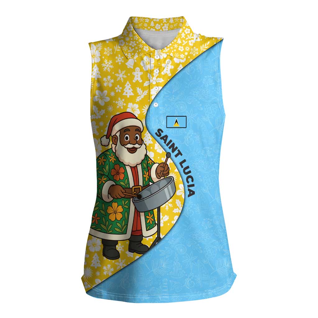 Saint Lucia Christmas Women Sleeveless Polo Shirt with Steelpan Santa Floral Pattern and Flag - Wonder Print Shop