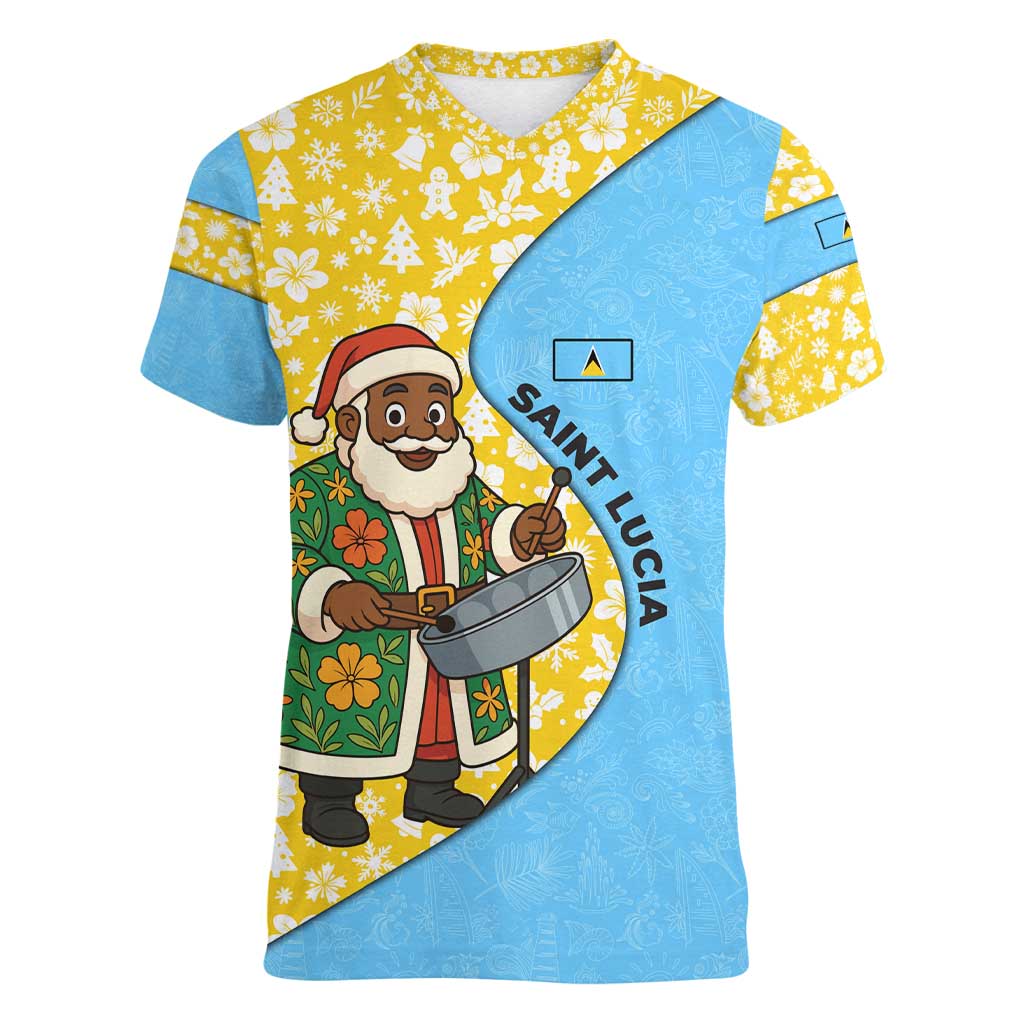 Saint Lucia Christmas Women V-Neck T-Shirt with Steelpan Santa Floral Pattern and Flag - Wonder Print Shop