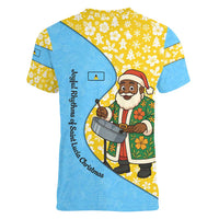 Saint Lucia Christmas Women V-Neck T-Shirt with Steelpan Santa Floral Pattern and Flag - Wonder Print Shop