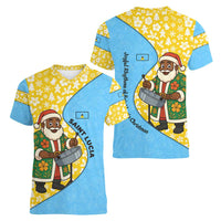 Saint Lucia Christmas Women V-Neck T-Shirt with Steelpan Santa Floral Pattern and Flag - Wonder Print Shop