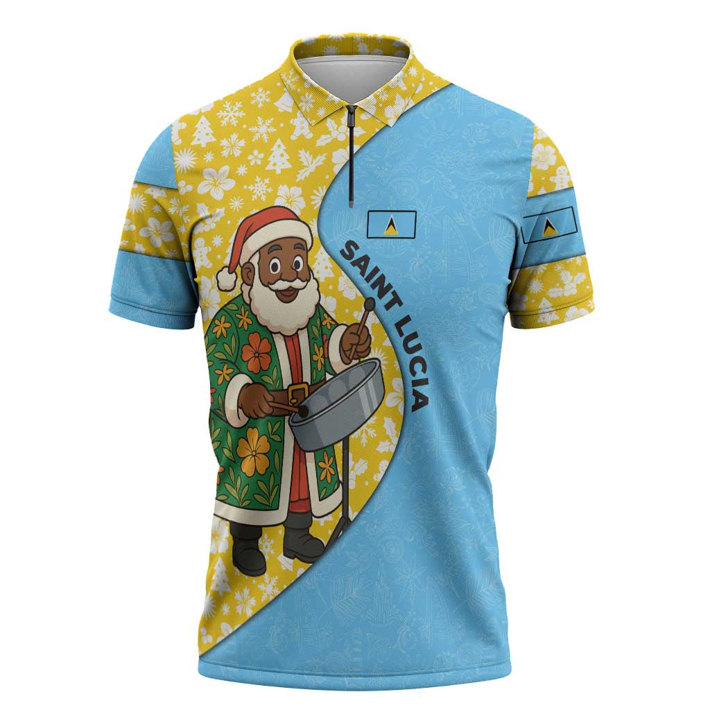 Saint Lucia Christmas Zipper Polo Shirt with Steelpan Santa Floral Pattern and Flag - Wonder Print Shop