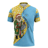 Saint Lucia Christmas Zipper Polo Shirt with Steelpan Santa Floral Pattern and Flag - Wonder Print Shop