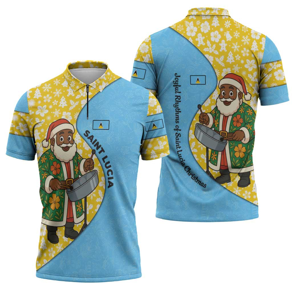 Saint Lucia Christmas Zipper Polo Shirt with Steelpan Santa Floral Pattern and Flag - Wonder Print Shop