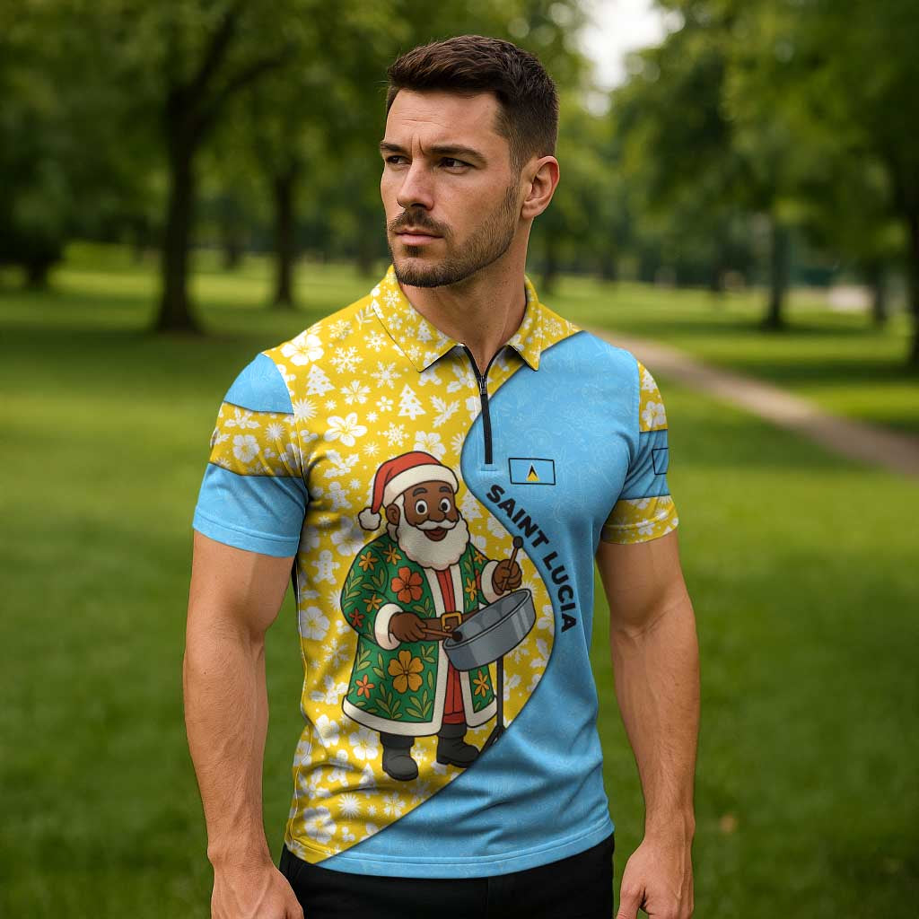 Saint Lucia Christmas Zipper Polo Shirt with Steelpan Santa Floral Pattern and Flag - Wonder Print Shop