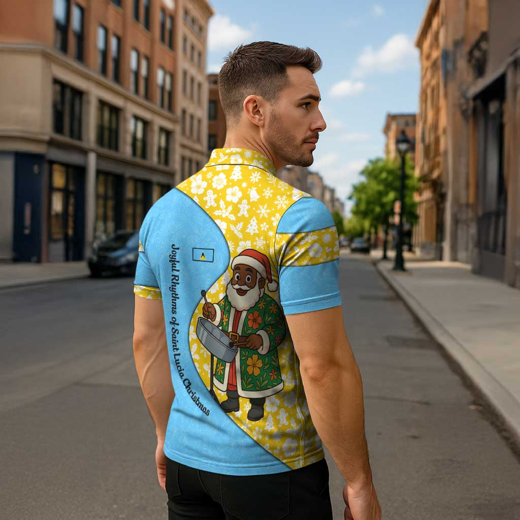 Saint Lucia Christmas Zipper Polo Shirt with Steelpan Santa Floral Pattern and Flag - Wonder Print Shop