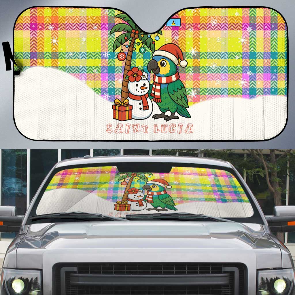 Saint Lucia Christmas Auto Sun Shade with Parrot Palm Tree Snowman and Plaid Holiday - Wonder Print Shop