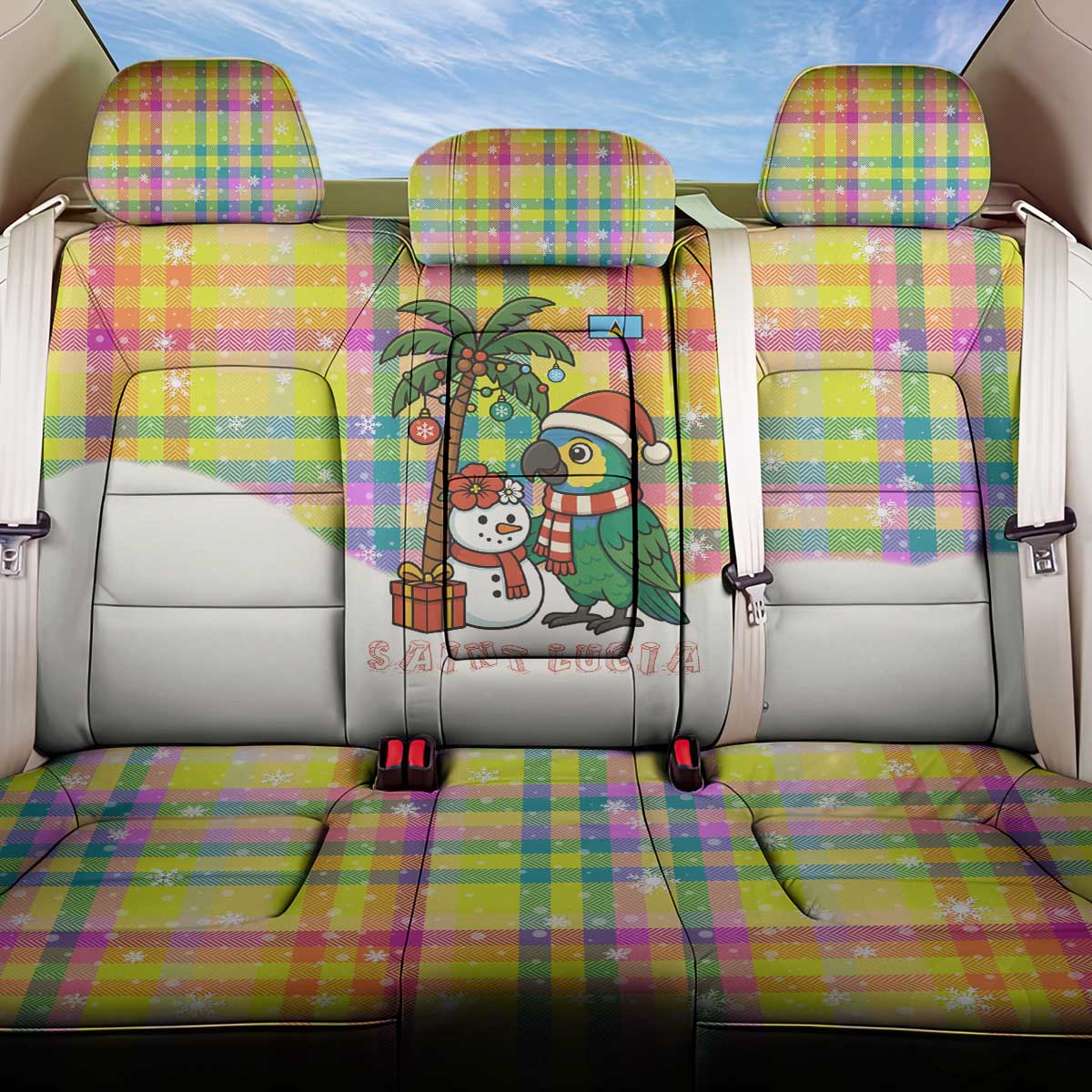 Saint Lucia Christmas Back Car Seat Cover with Parrot Palm Tree Snowman and Plaid Holiday - Wonder Print Shop