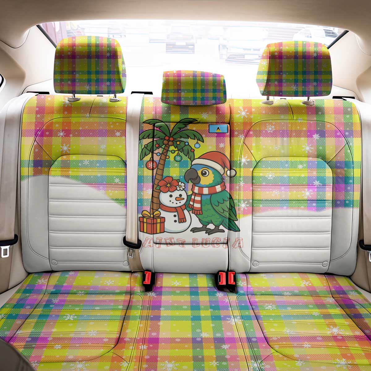 Saint Lucia Christmas Back Car Seat Cover with Parrot Palm Tree Snowman and Plaid Holiday - Wonder Print Shop