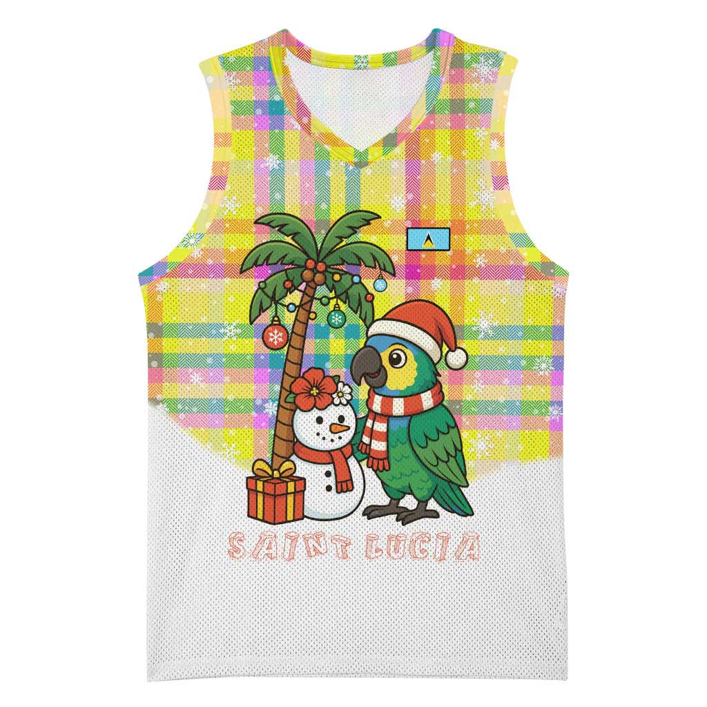 Saint Lucia Christmas Basketball Jersey with Parrot Palm Tree Snowman and Plaid Holiday - Wonder Print Shop