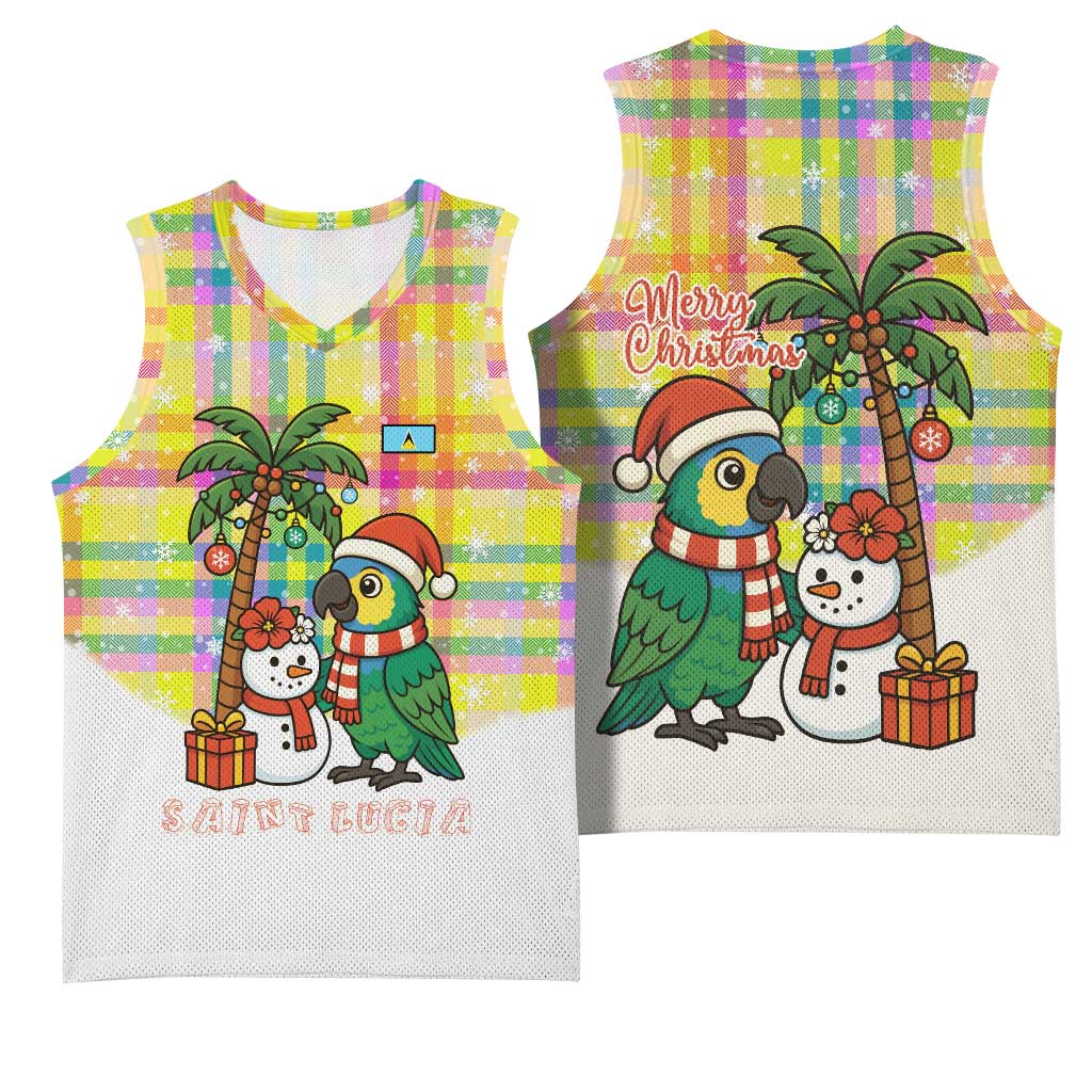 Saint Lucia Christmas Basketball Jersey with Parrot Palm Tree Snowman and Plaid Holiday - Wonder Print Shop