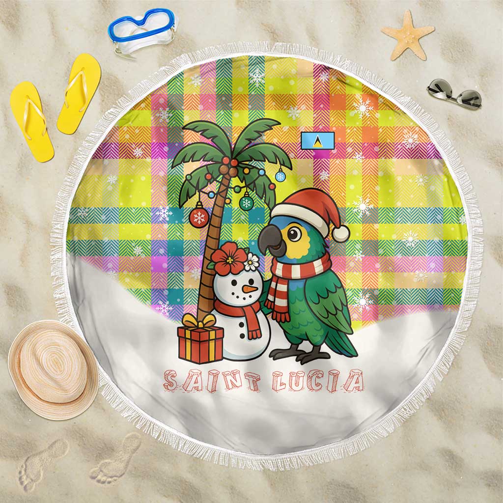 Saint Lucia Christmas Beach Blanket with Parrot Palm Tree Snowman and Plaid Holiday - Wonder Print Shop