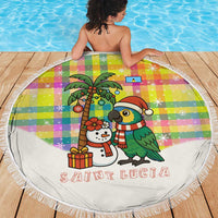 Saint Lucia Christmas Beach Blanket with Parrot Palm Tree Snowman and Plaid Holiday - Wonder Print Shop