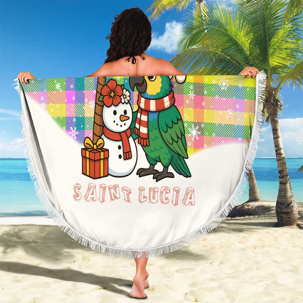 Saint Lucia Christmas Beach Blanket with Parrot Palm Tree Snowman and Plaid Holiday - Wonder Print Shop