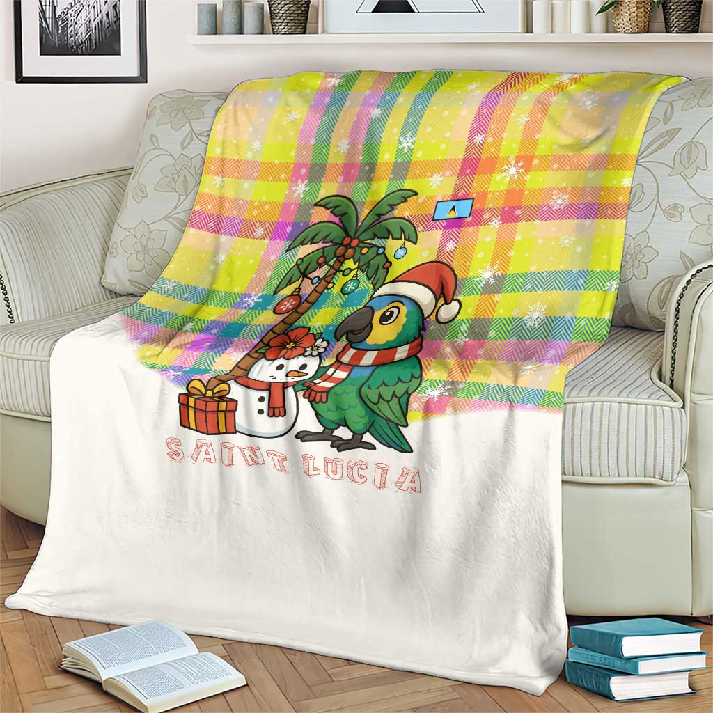 Saint Lucia Christmas Blanket with Parrot Palm Tree Snowman and Plaid Holiday - Wonder Print Shop