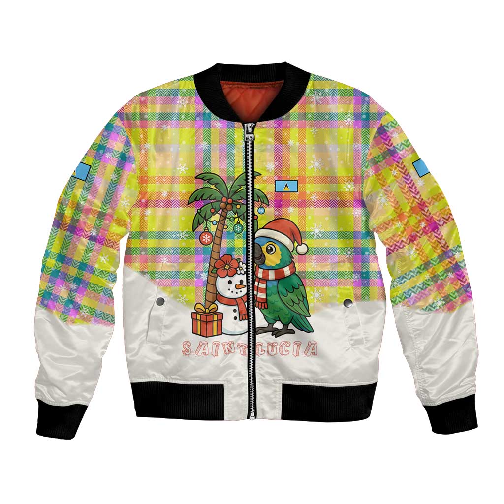 Saint Lucia Christmas Bomber Jacket with Parrot Palm Tree Snowman and Plaid Holiday - Wonder Print Shop