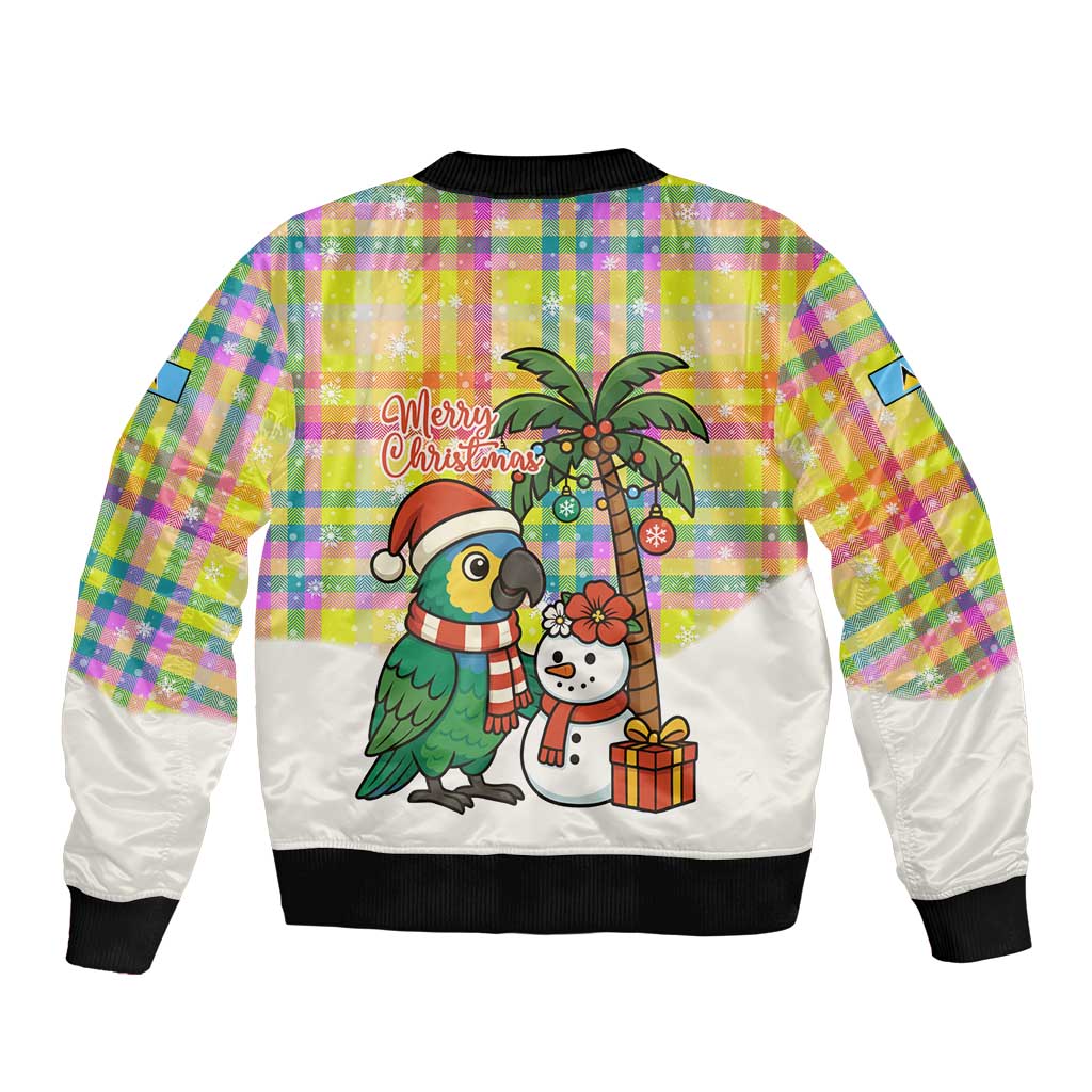 Saint Lucia Christmas Bomber Jacket with Parrot Palm Tree Snowman and Plaid Holiday - Wonder Print Shop