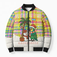 Saint Lucia Christmas Bomber Puffer Jacket with Parrot Palm Tree Snowman and Plaid Holiday - Wonder Print Shop