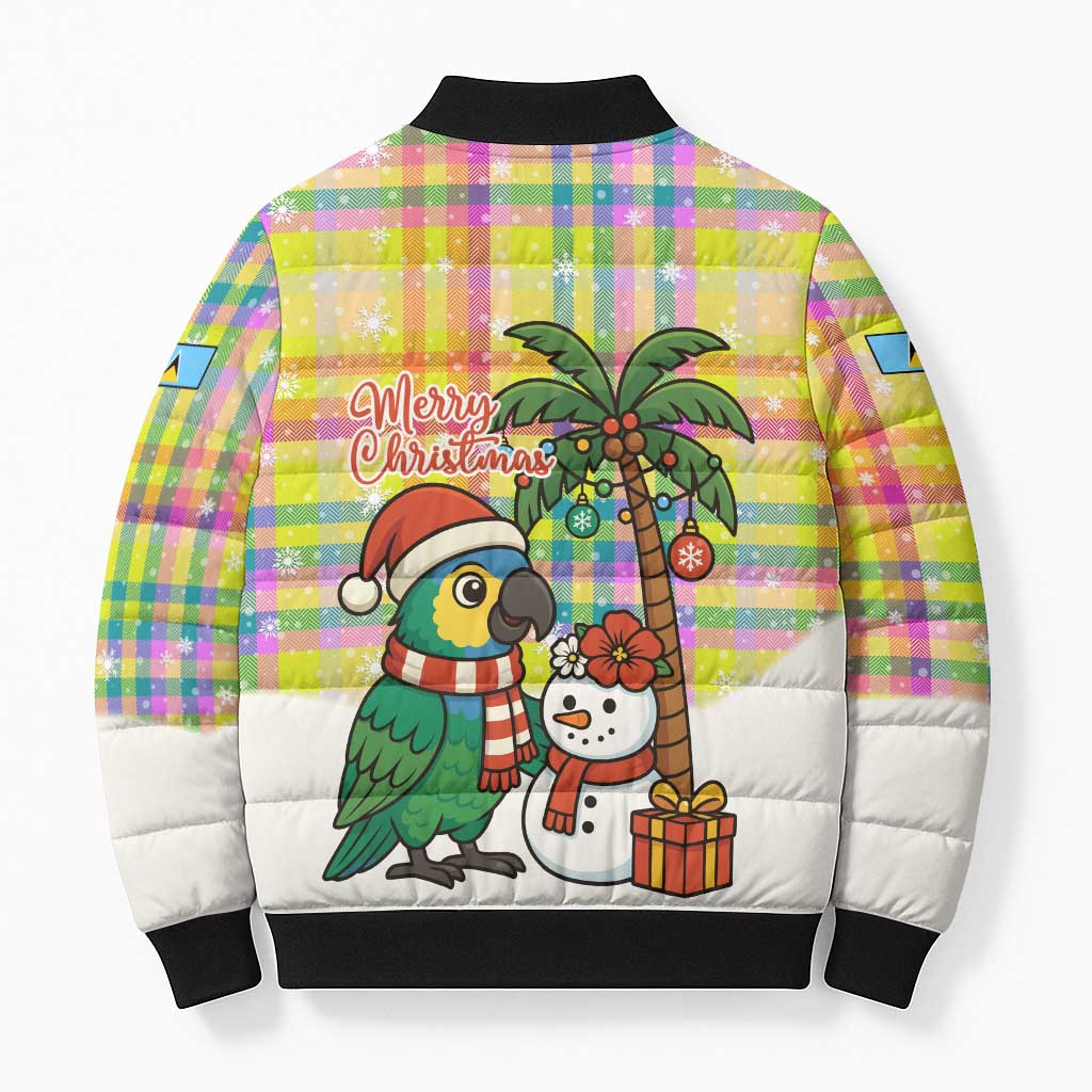 Saint Lucia Christmas Bomber Puffer Jacket with Parrot Palm Tree Snowman and Plaid Holiday - Wonder Print Shop