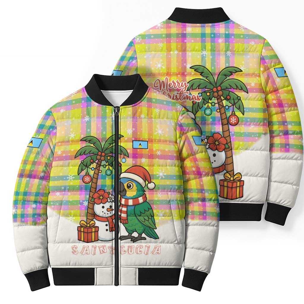 Saint Lucia Christmas Bomber Puffer Jacket with Parrot Palm Tree Snowman and Plaid Holiday - Wonder Print Shop