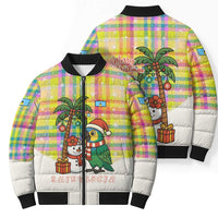 Saint Lucia Christmas Bomber Puffer Jacket with Parrot Palm Tree Snowman and Plaid Holiday - Wonder Print Shop