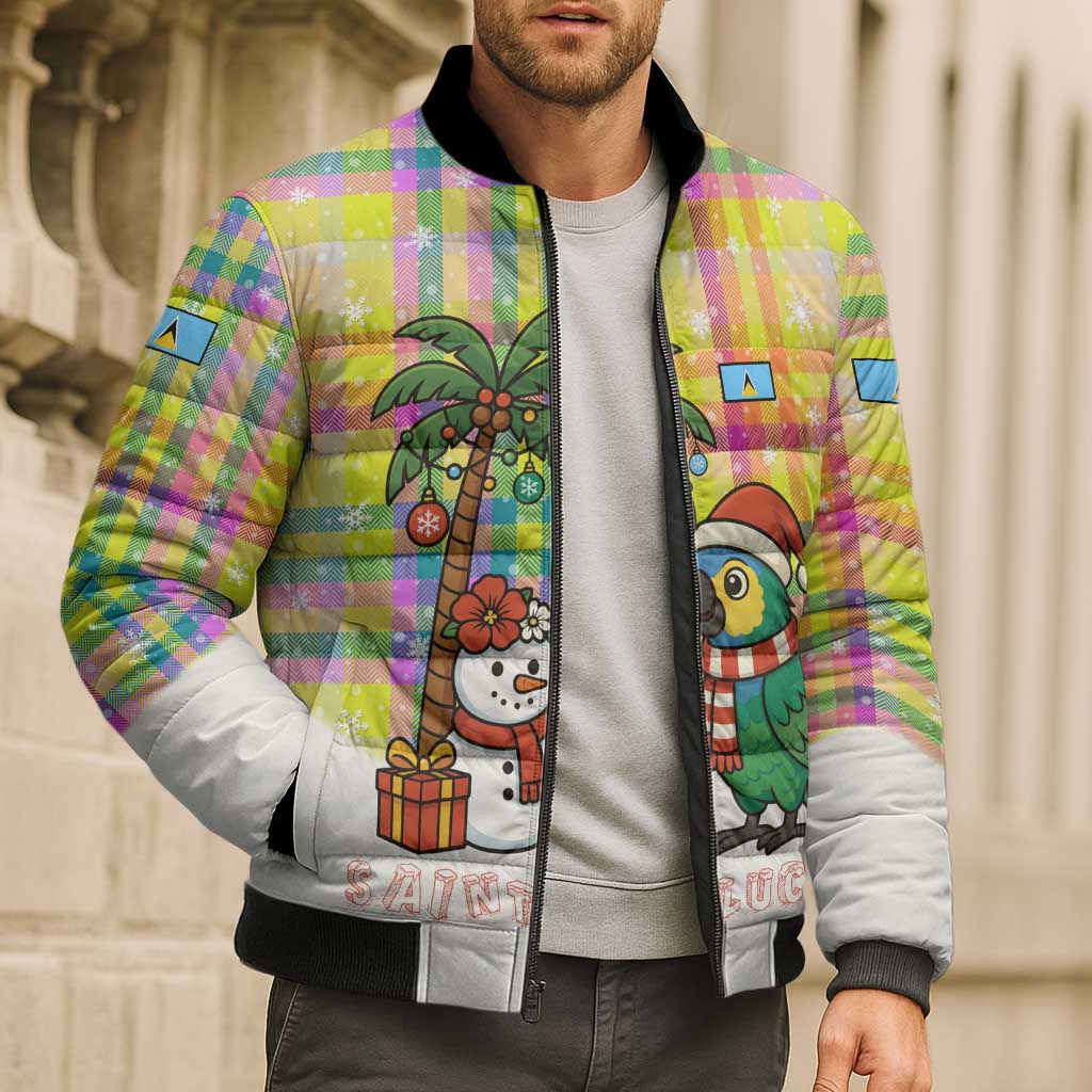 Saint Lucia Christmas Bomber Puffer Jacket with Parrot Palm Tree Snowman and Plaid Holiday - Wonder Print Shop