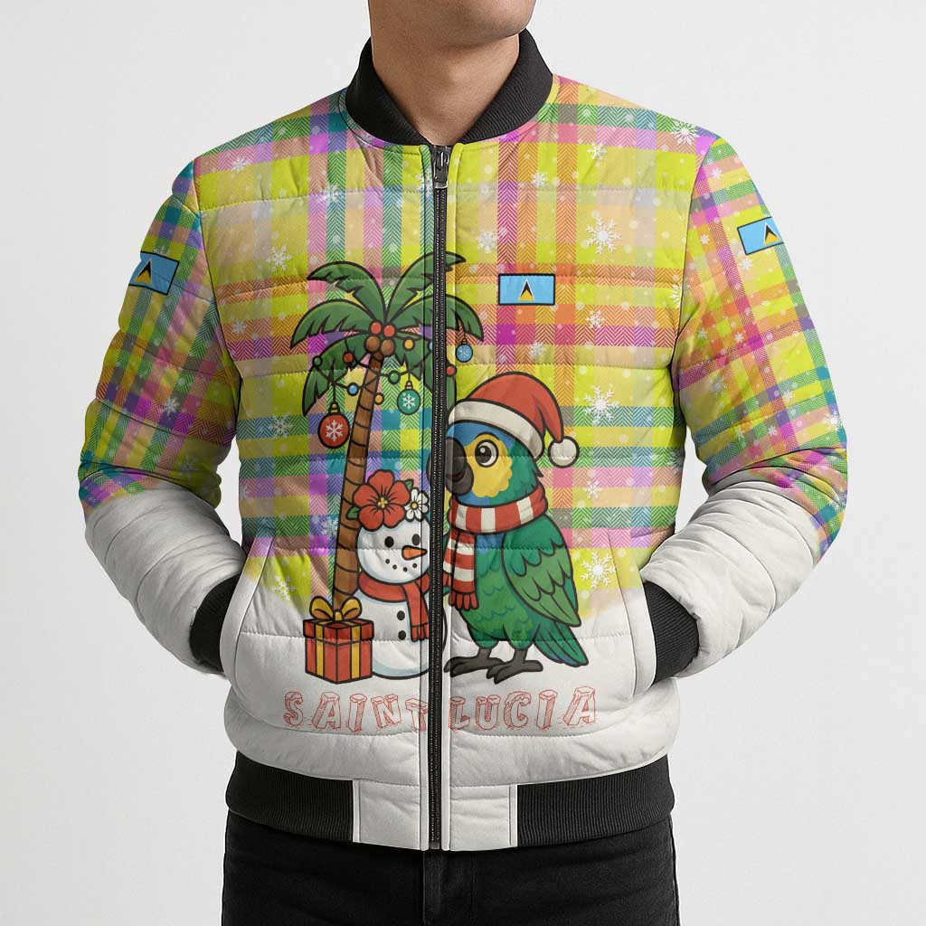 Saint Lucia Christmas Bomber Puffer Jacket with Parrot Palm Tree Snowman and Plaid Holiday - Wonder Print Shop
