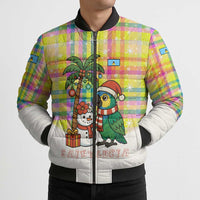 Saint Lucia Christmas Bomber Puffer Jacket with Parrot Palm Tree Snowman and Plaid Holiday - Wonder Print Shop