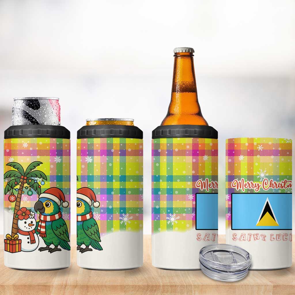 Saint Lucia Christmas 4 in 1 Can Cooler Tumbler with Parrot Palm Tree Snowman and Plaid Holiday - Wonder Print Shop