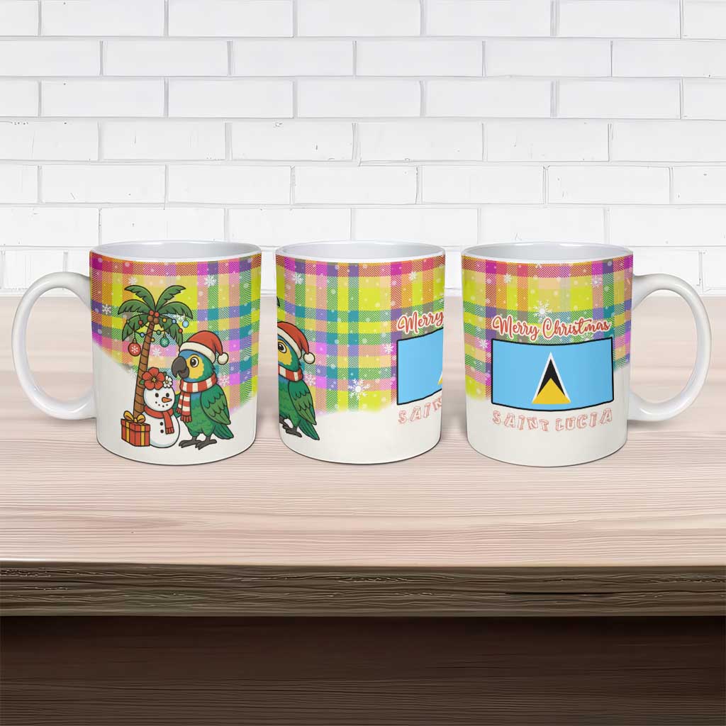 Saint Lucia Christmas Ceramic Mug with Parrot Palm Tree Snowman and Plaid Holiday - Wonder Print Shop